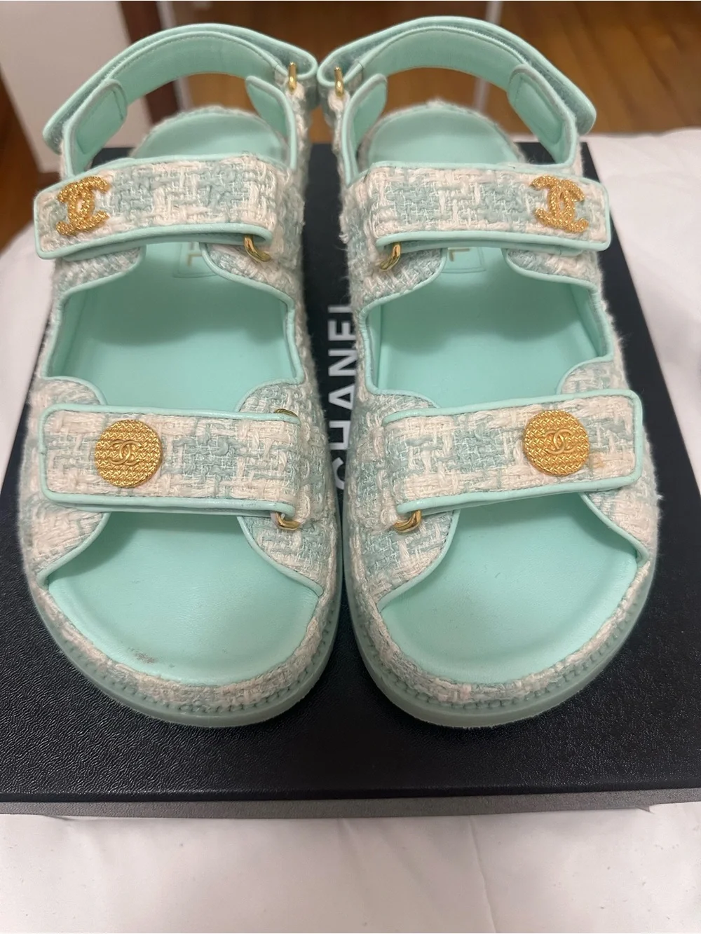 CHANEL Mint Green Tweed Slide Sandals with Gold CC Medallions